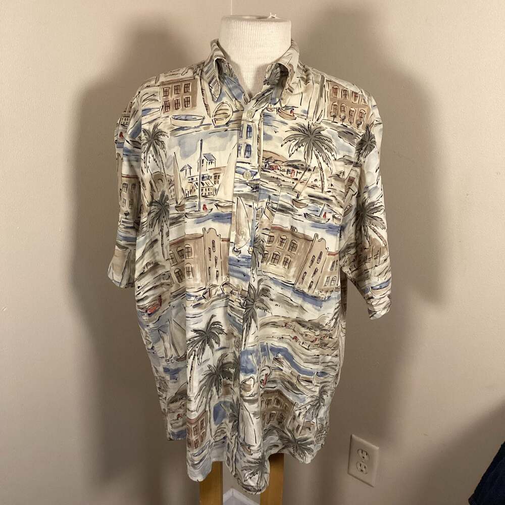 Vintage Nautica Men's Medium Rayon Cotton Blend Hawaiian Shirt Coastal Scenic Pr